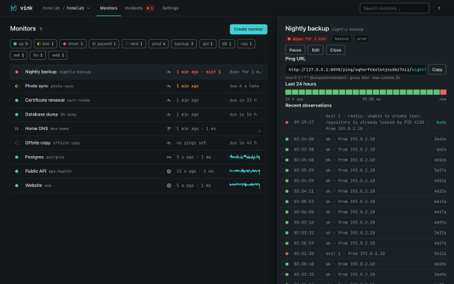The monitor list in the dark theme, with the drawer of the nightly backup open on the right